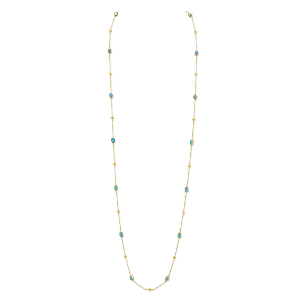 <span style="font-size: 16.8px; position: initial; margin: initial;">SLOANE STREET DOUBLE SIDED CRYSTAL OPAL 30" LAYERING CHAIN IN 18K YELLOW GOLD FEATURES VIBRANT OVAL CRYSTAL OPALS GLISTENING WITH A STRONG PLAY-OF-COLOR WRAPPED IN HI-POLISH GOLD BEZELS WITH DELICATE SIGNATURE STRIE CUSHION STATIONS SPACED ON A CLASSIC BOSTON CHAIN WITH LOBSTER CLASP CLOSURE.</span> Crystal Opal Chain With Strie Stations