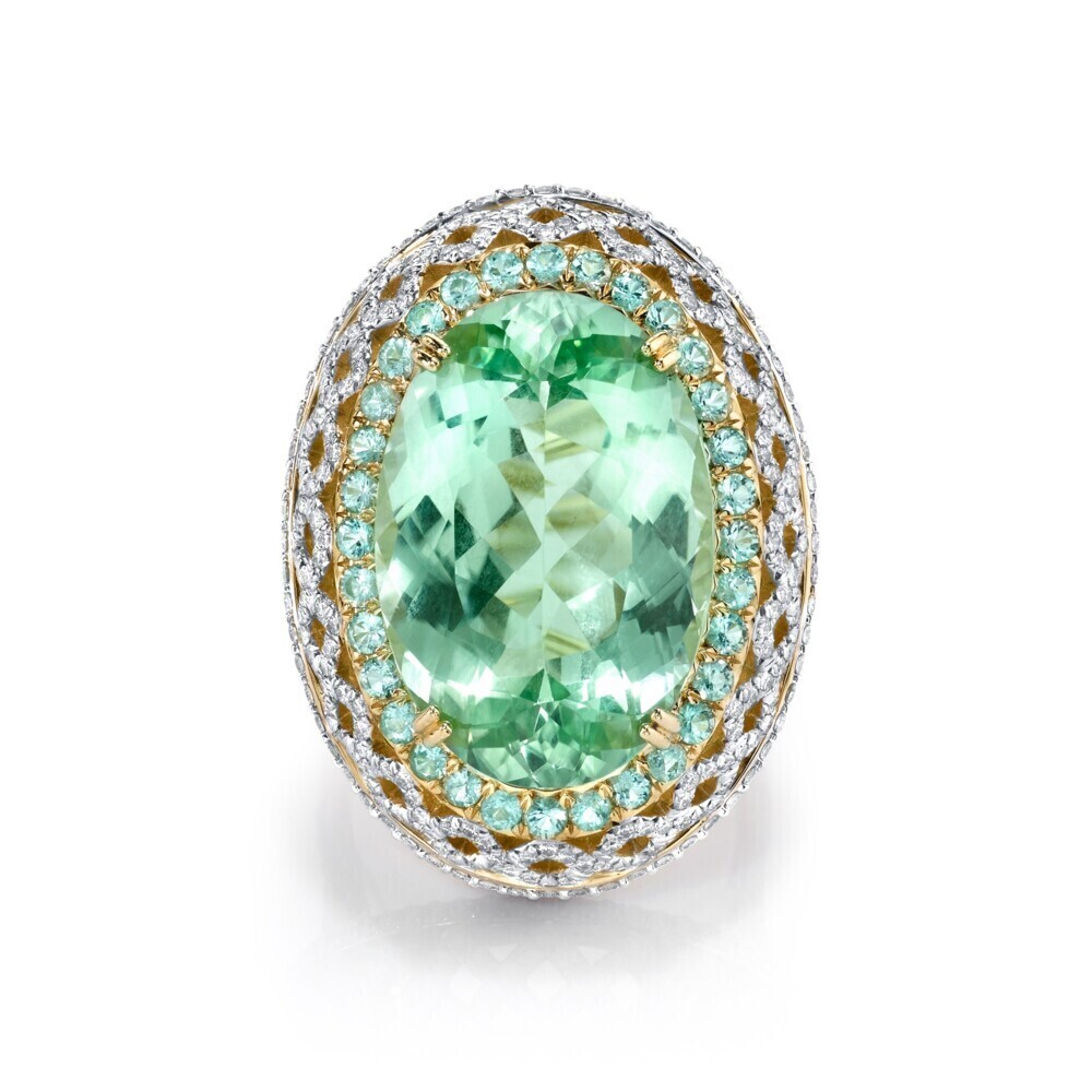 <span style="font-size: 16.8px; position: initial; margin: initial;">AS R190T COM OVAL MINT GREEN TOURMALINE STONE SPLIT PRONG SET, 1.7MM PARIBA HALO, 1MM GSI DIA WITH WHITE RHODIUM, SIZE 6.5, 18K-YG</span> Mint Green Tourmaline RIng with Paraiba and White Diamond Detail