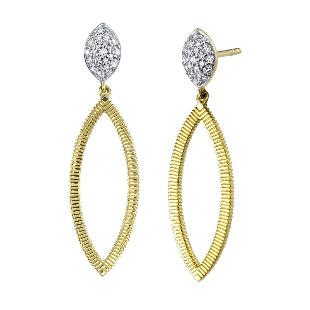 <span style="font-size: 16.8px; position: initial; margin: initial;">SLOANE STREET SMALL DIAMOND MARQUISE AND STRIE DROP EARRING IN 18K YELLOW GOLD IS THE PERFECT DAY TIME CASUAL EARRING WITH POST AND LARGE PUSH BACK CLOSURE. THE BEAUTIFUL GOLD SIGNATURE STRIE FINISH ADDS TEXTURE AND UNIQUENESS, WHILE THE DIAMONDS ADD THE PERFECT AMOUNT OF SPARKLE.</span> Earrings with Marquis Diamond with Pave Top and Strie Edge