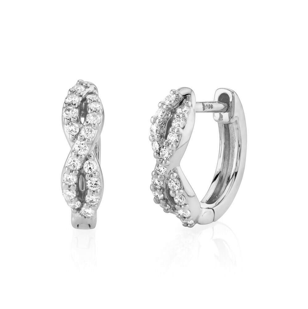 <span style="font-size: 16.8px; position: initial; margin: initial;">SLOANE STREET BRAIDED HUGGIE HOOP EARRING IN 18K WHITE GOLD FEATURES DELICATE PAVE DIAMOND TWISTS THAT HUG THE EAR FOR A COMFORTABLE FEMININE EVERYDAY LOOK AND A UNIQUE TAKE ON A CLASSIC STYLE.</span> Braided Huggie Hoop Earring with White Diamond Detail