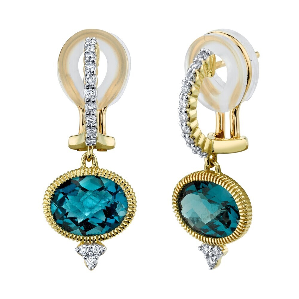 <span style="font-size: 16.8px; position: initial; margin: initial;">LIKE SS-E101AZ, SIDEWAYS OVAL FACETED LONDON BLUE SURROUNDED BY STRIE WITH 3 GSI DIAMONDS ON BOTTOM AND GSI WHITE DIAMOND ET, 18K-YELLOW GOLD</span> Sideways Oval London Blue Earring With White Diamond Detail