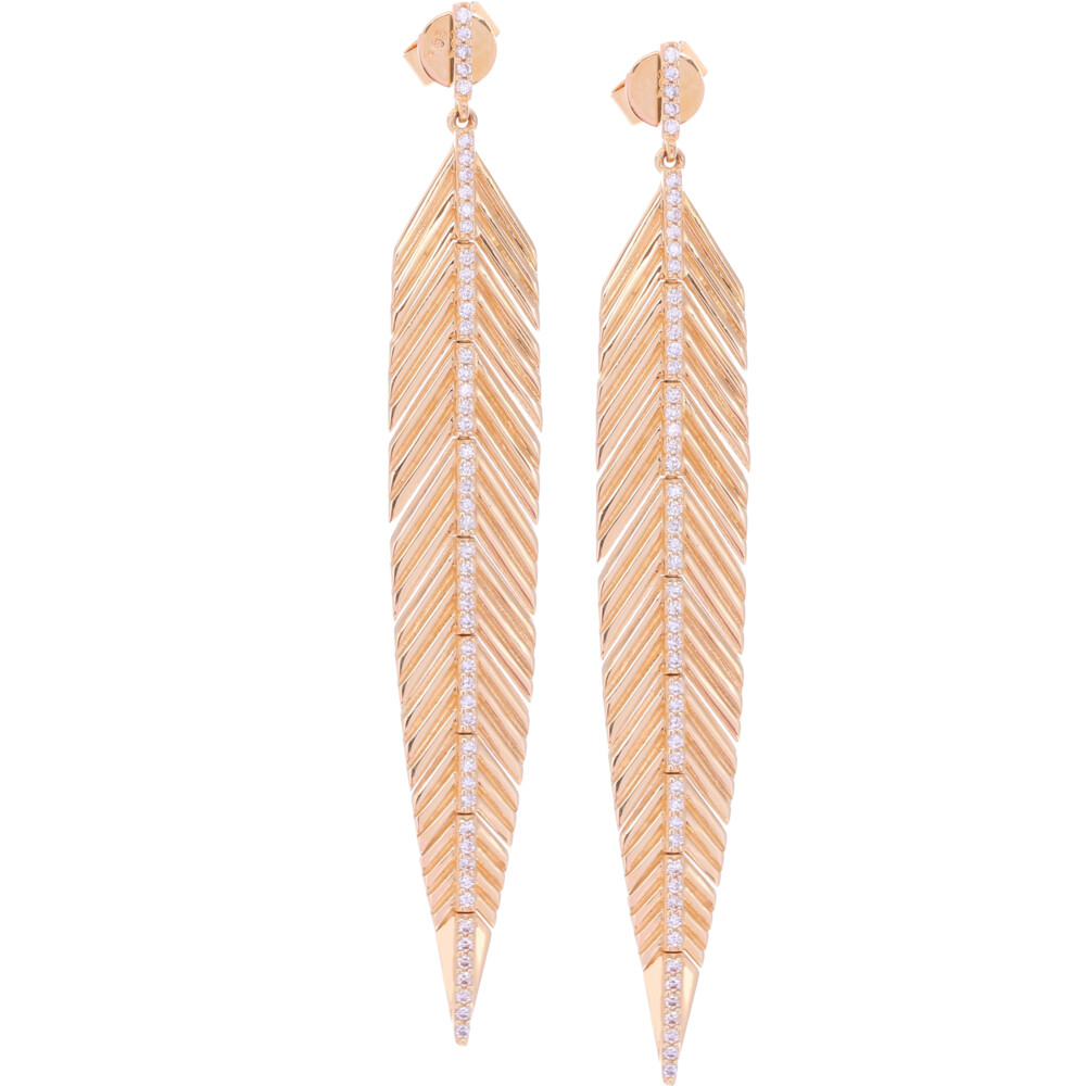 Long 14k Gold Feather Earrings with 0.60tcw of Diamond Large Feather Earrings