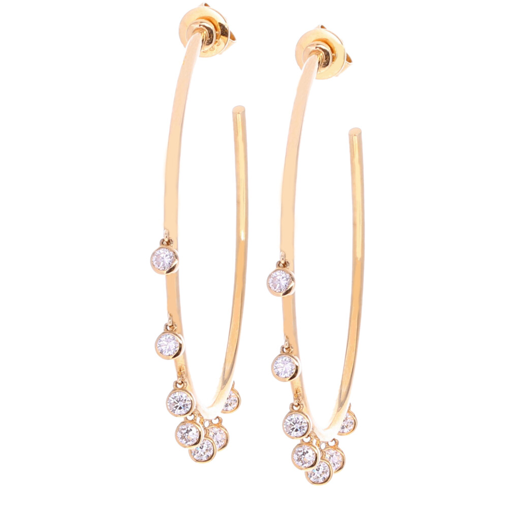 14k Yellow Gold Hoop Earrings Featuring 14 Bright Dangling Diamonds Dangling Diamond Thin Hoops 0.80tcw