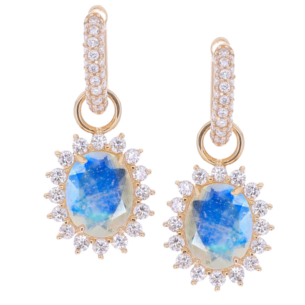 14k Yellow Gold Earring Charms with Faceted Moonstone and 0.31tcw Diamond Halo (Huggies/Hoops Sold Separately) Oval Moonstone Earring Charms 0.31tcw
