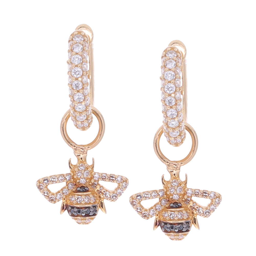 14k Yellow Gold Bee Earring Charms with Black Rhodium Striping and 0.14tcw of White & Black Diamonds (Huggies/Hoops Sold Separately) Small Bee Earring Charms