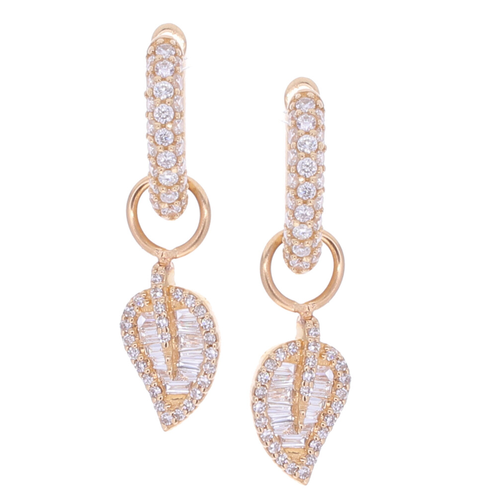 14k Yellow Gold Leaf Earring Charms with 0.20tcw of Round & Baguette Diamonds (Huggies/Hoops Sold Separately) Baguette Diamond Leaf Earring Charms