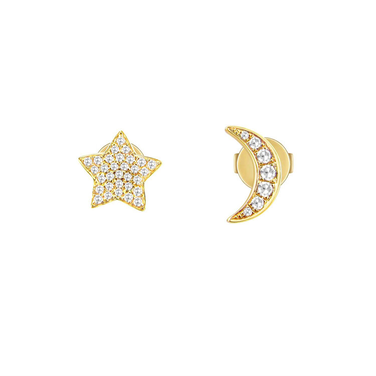 These 14k yellow gold asymmetrical star and moon stud earrings have sparkly white diamonds that will draw in the perfect amount of attention. These simple yet beautiful post pave earrings enhance any look you choose to wear them with. These versatile asymmetrical earrings allow you to play with how you style and wear them weather it be a night out or an everyday look. Large enough to be worn on their own or in a second piercing. Asymmetrical Star & Moon Studs