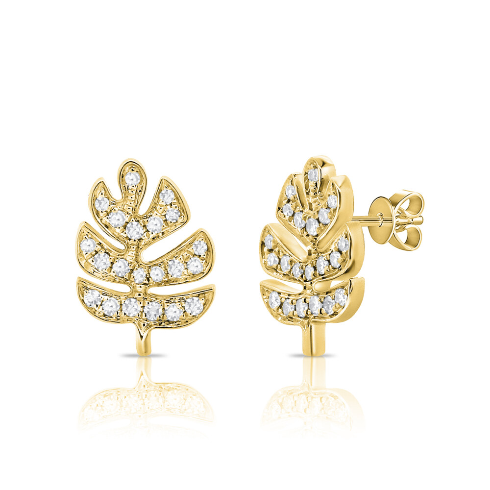 <div>These adorable 14k yellow gold Palm Leaf Studs are perfect for an everyday look or a big night out. These versatile earrings pair perfectly with other earrings as well as alone. The balance of gold and diamond makes these fun cute earrings elegant and beautiful. These earrings add a fun and cute side to your look and elevate your style in a fun way. </div>14k YG - 1.56g
42 SC - 0.10tcw Palm Leaf Studs
