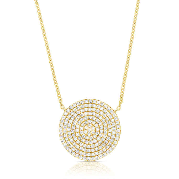 <div style="position: initial; margin: initial;">This beautiful Large Pave Disk Pendant Necklace is perfect for an everyday necklace or a night out. The necklace also offers two different lengths that you can wear the necklace at. This is perfect for layering as well as wearing alone. The perfect balance of sparkle from the diamonds and the 14k yellow gold makes the necklace a perfect option for everyday or a night out. </div><div style="position: initial; margin: initial;"><br style="position: initial; margin: initial;"></div>14k YG - 2.70g
179 SC = 0.58tcw Large Pave Disk Pendant Necklace 16-18"