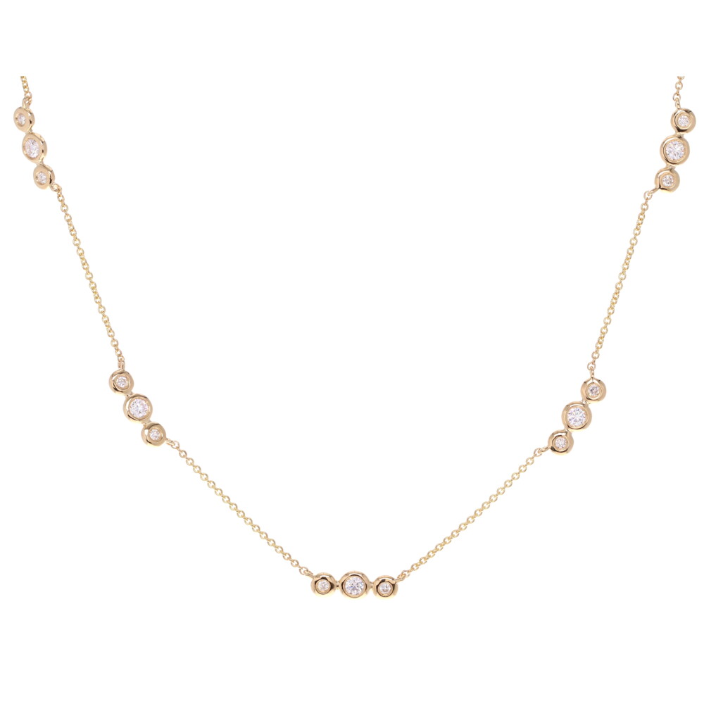 <div style="position: initial; margin: initial;">This 14k yellow gold Triple Bezel Set Diamond Layering Necklace <span style="font-size: 16.8px; font-family: inherit; position: initial; margin: initial;">is perfect to layer or wear by itself. The small groups of diamonds along the 14k yellow gold necklace has the perfect amount of sparkle to wear everyday or a night out. The beautiful simplicity of this necklace makes it so versatile and allows this necklace to match and work with more jewelry. This 14k gold surrounding the diamonds gives the necklace a smooth and beautiful appearance. </span></div><div style="position: initial; margin: initial;"><br style="position: initial; margin: initial;"></div>14k YG 3.85g
15 RD - 0.69tcw Triple Bezel Set Diamond Layering Necklace