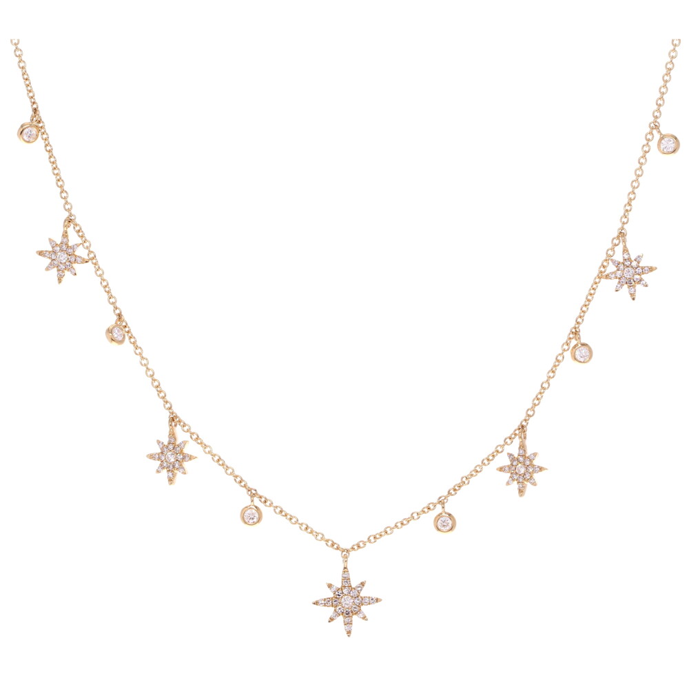 <div>This elegant and simple 14k yellow gold Starburst Dangle Necklace is perfect for any look. This stunning necklace is perfect to layer with other necklaces as well as alone. The Diamonds in the stars add that perfect amount of sparkle to this necklace. This necklace is perfect for a big night out or and everyday wear. The balance of gold to diamond is perfect and allows this necklace to pair perfectly with any look.</div>14k YG - 3.8g
11 RD - 0.23tcw
84 SC - 0.29tcw Starburst Dangle Layering Necklace