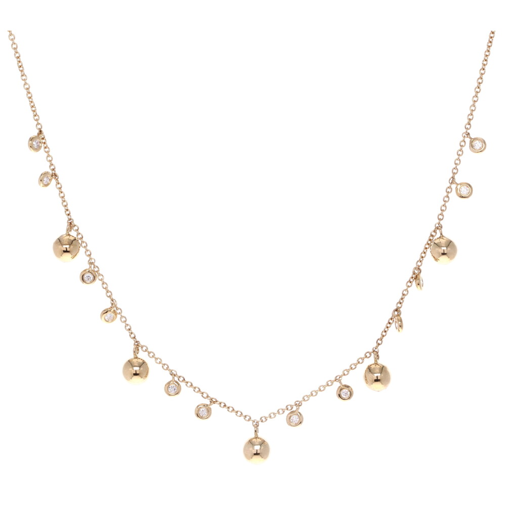 <div>This beautiful 14k yellow gold layering necklace adds the perfect amount of sparkle to any look. This necklace looks good layered with other necklaces as well as alone. The diamonds and gold pieces dangling down effortless combine the sparkle from the gold as well as the diamonds to create a well balanced beautiful necklaces that is perfect for everyday or a night out. </div>14k YG - 5.4g
12 RD - 0.18tcw Gold Ball & Bezel Diamond Layering Necklace