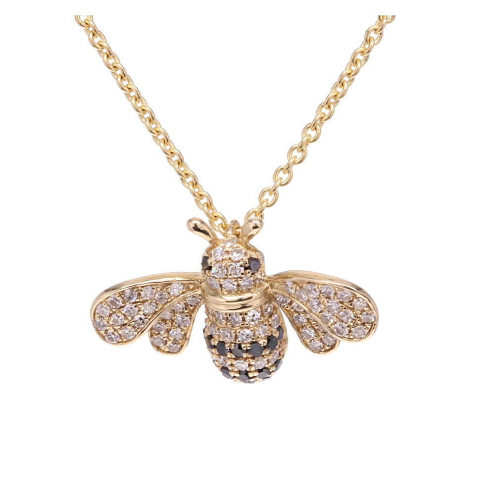 This unique 14k yellow gold Tiny Bee Pendant Necklace adds the perfect touch of sparkle to any look. The unique and beautiful bee pendant works perfect for an everyday look or big night out. The bee surrounded with diamonds adds a touch of elegance to any look.<div><br><div>14k YG - 3.00g
17 BLS - 0.07tcw
70 SC - 0.23tcw</div></div> Tiny Bee Pendant Necklace