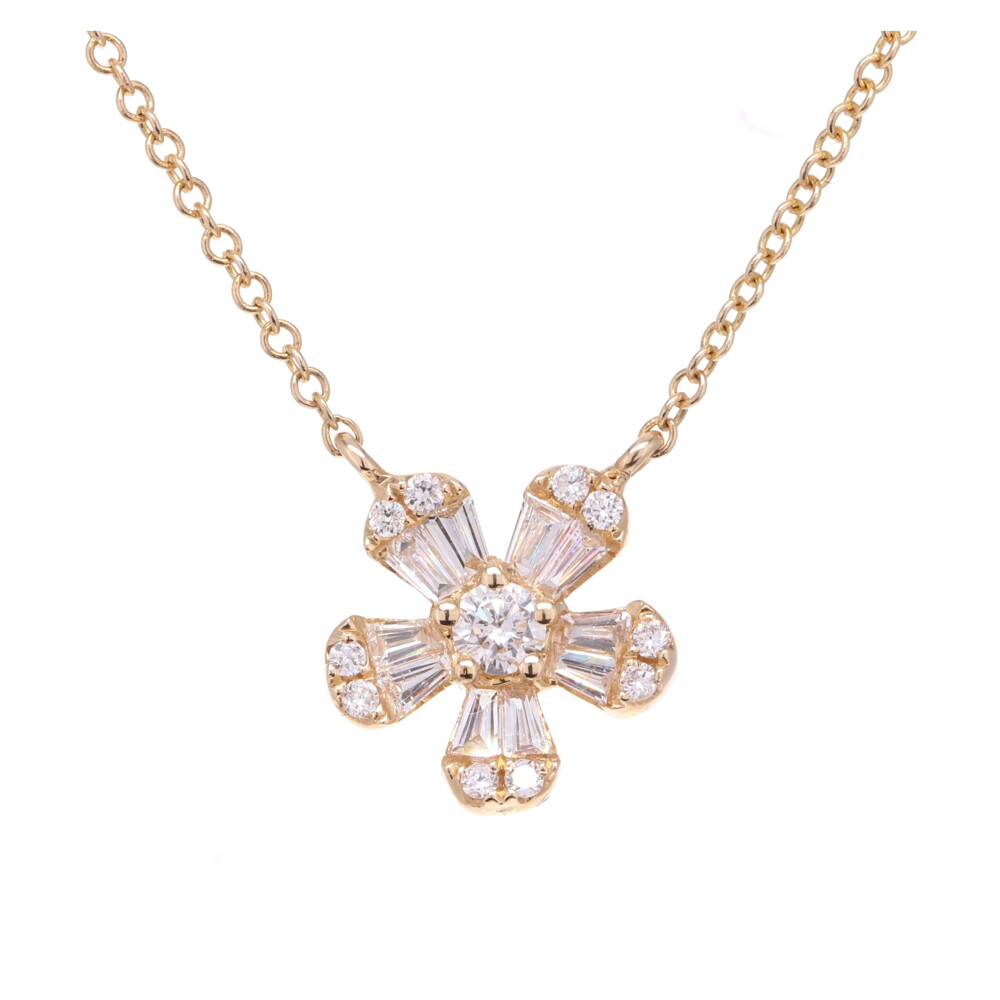 <div style="position: initial; margin: initial;">This 14k yellow gold Baguette Flower Pendant Necklace adds the perfect amount of sparkle to any look. The baguette diamonds on the flower pendant make this beautiful necklace sparkle from any angle. This necklace works perfect for an everyday look or a big night out. </div>14k YG - 2.28g
10 BG - 0.24tcw
11 RD - 0.14tcw Baguette Flower Pendant Necklace