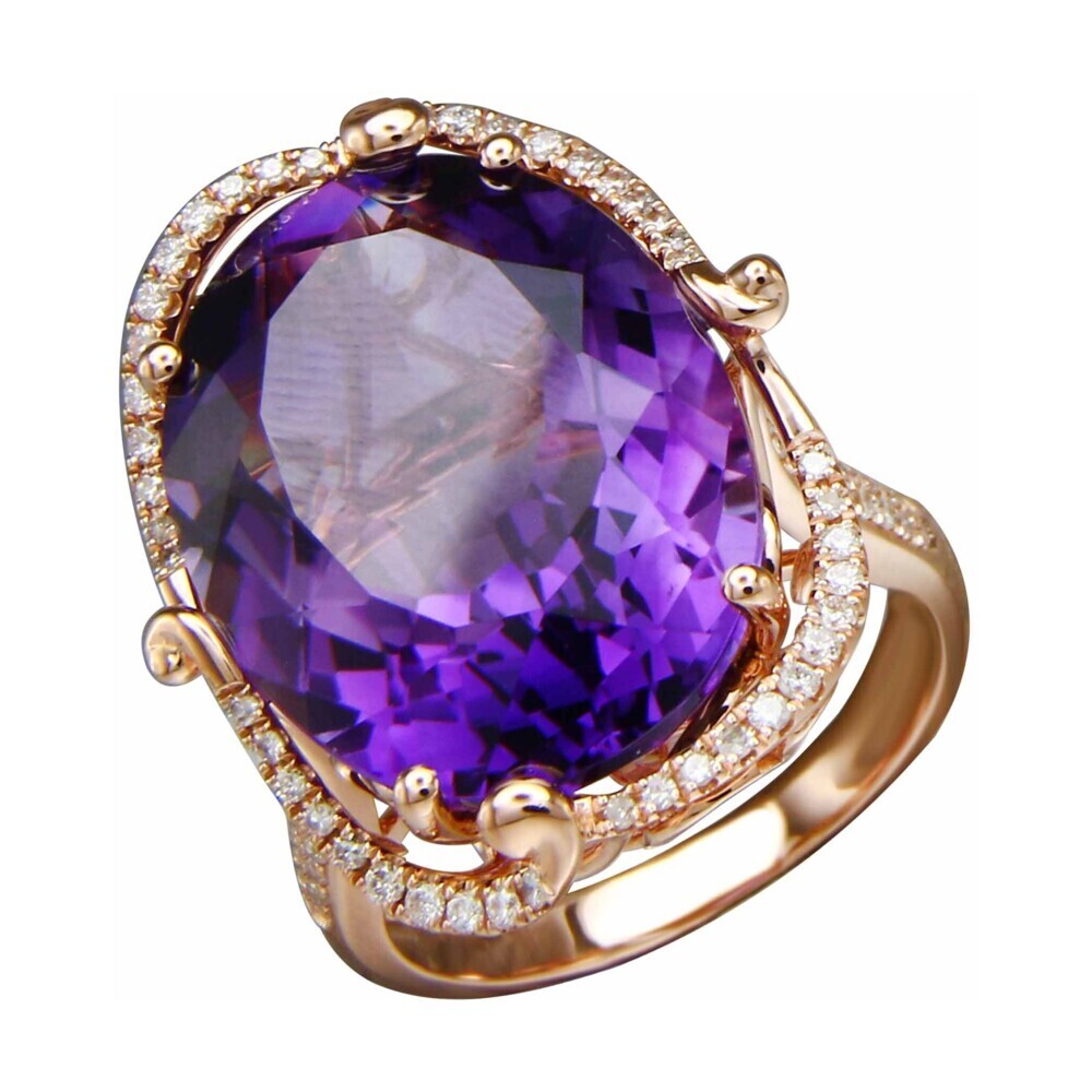 18k Rose Gold Diamond and Amethyst Ring
18k: 7.16g
DIA: 0.36tcw
Amethyst - 16.20ct
18k RG Oval Amethyst Ring with Diamond Scoll Work