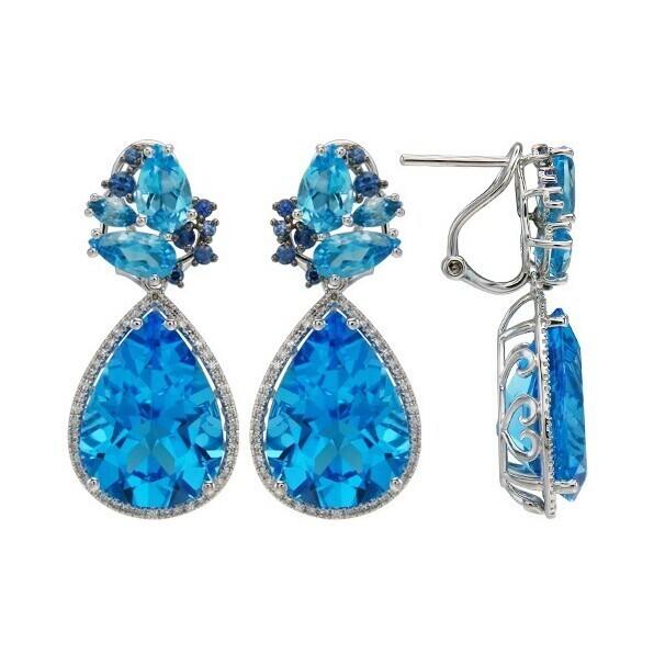 18k White Gold Diamond, Sapphire and Swiss Blue Topaz Earrings
18k: 7.6g
DIA: 0.36tcw
Gems: 24.18tcw 18k Swiss Blue Topaz and Sapphire Dangle Earrings