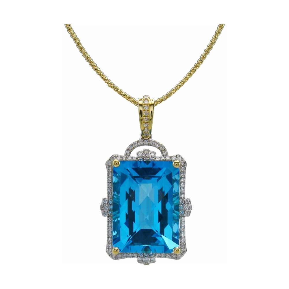 18k Yellow & White Gold Diamond and Swiss Blue Topaz Pendant w/ Chain
18k: 7.98g
DIA: 0.33tcw
Topaz: 18.14ct 18k Emerald Cut Swiss Blue Topaz Pendant with Diamond Halo