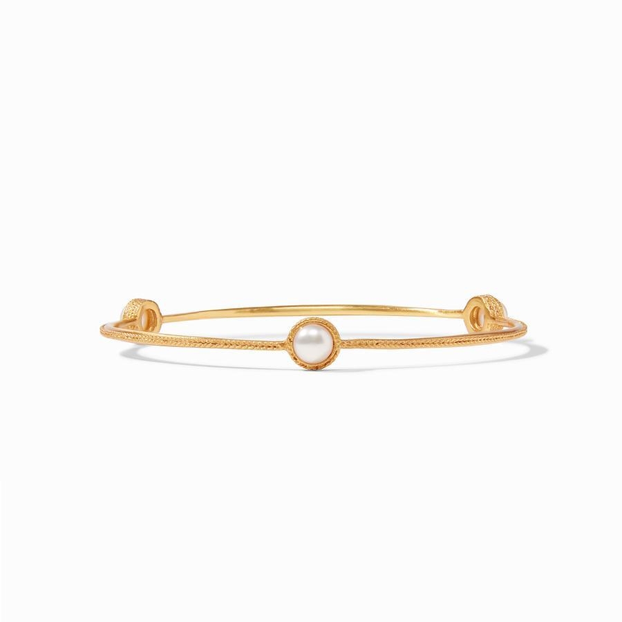 Luminous round pearls decorated with elegant chevron detail. Calypso Demi Bangle with Pearl Gemstone