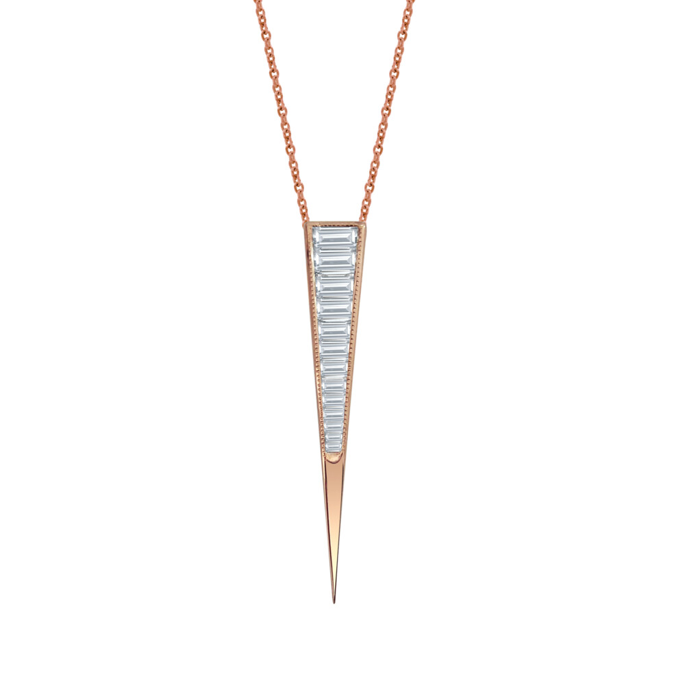 This beautiful piece features white diamond baguettes totaling 0.70tcw set in 18k Rose Gold. Trikon Baguette Pendant 18k Gold with Diamonds