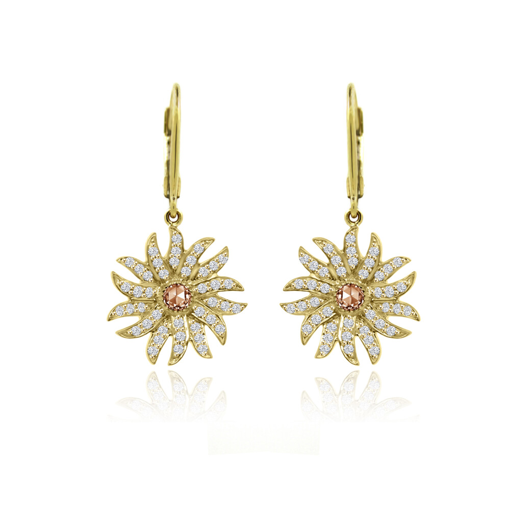 18k Flower Dangle Earrings with Champagne Rose Cut Diamond Centers