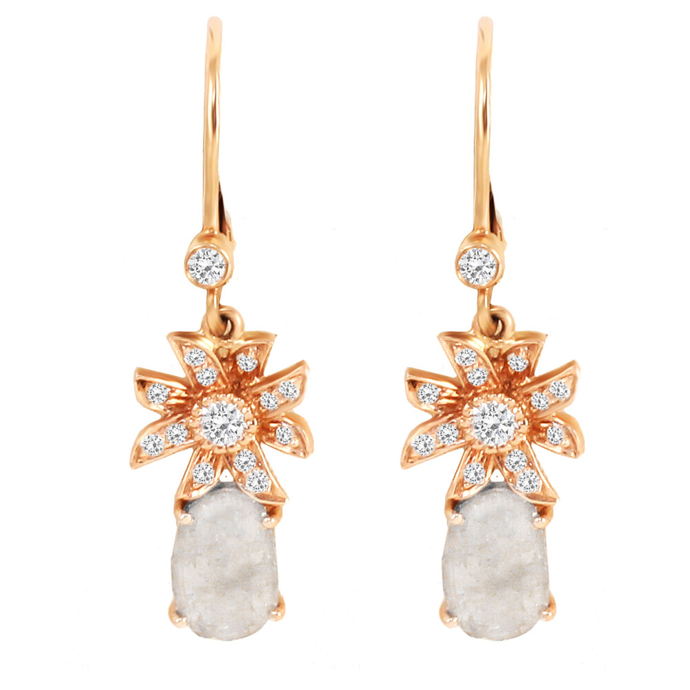 18k RG Flower Earrings with Rose Cut Diamonds and Icy Diamond Slices