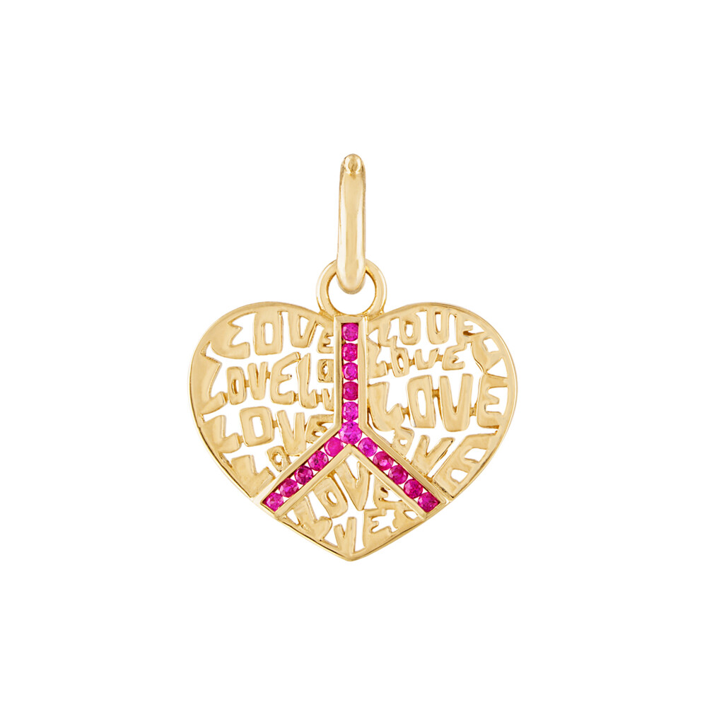 Peace & Love Pendant Bc 195 14k Yellow Gold; 0.36cttw Ruby; 17.5
X 22 Mm With 8.5mm Latch Bale Peace & Love Pendant Bc 195 14k Yellow Gold; 0.36cttw Ruby; 17.5
X 22 Mm With 8.5mm Latch Bale