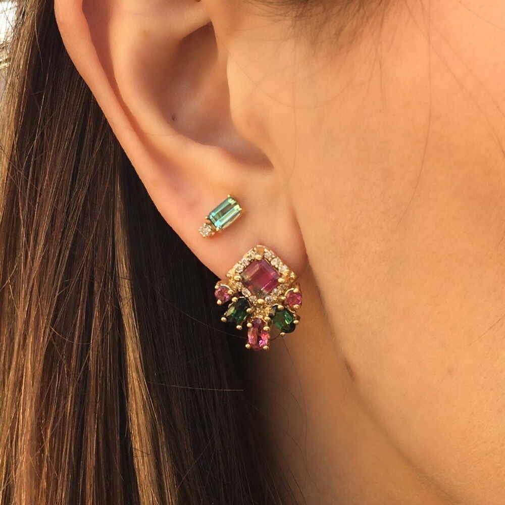 Square & Oval Studs / Jacket (5mm) 14k Yellow Gold; Colored Stones; 0.29cttw Diamonds Square & Oval Studs