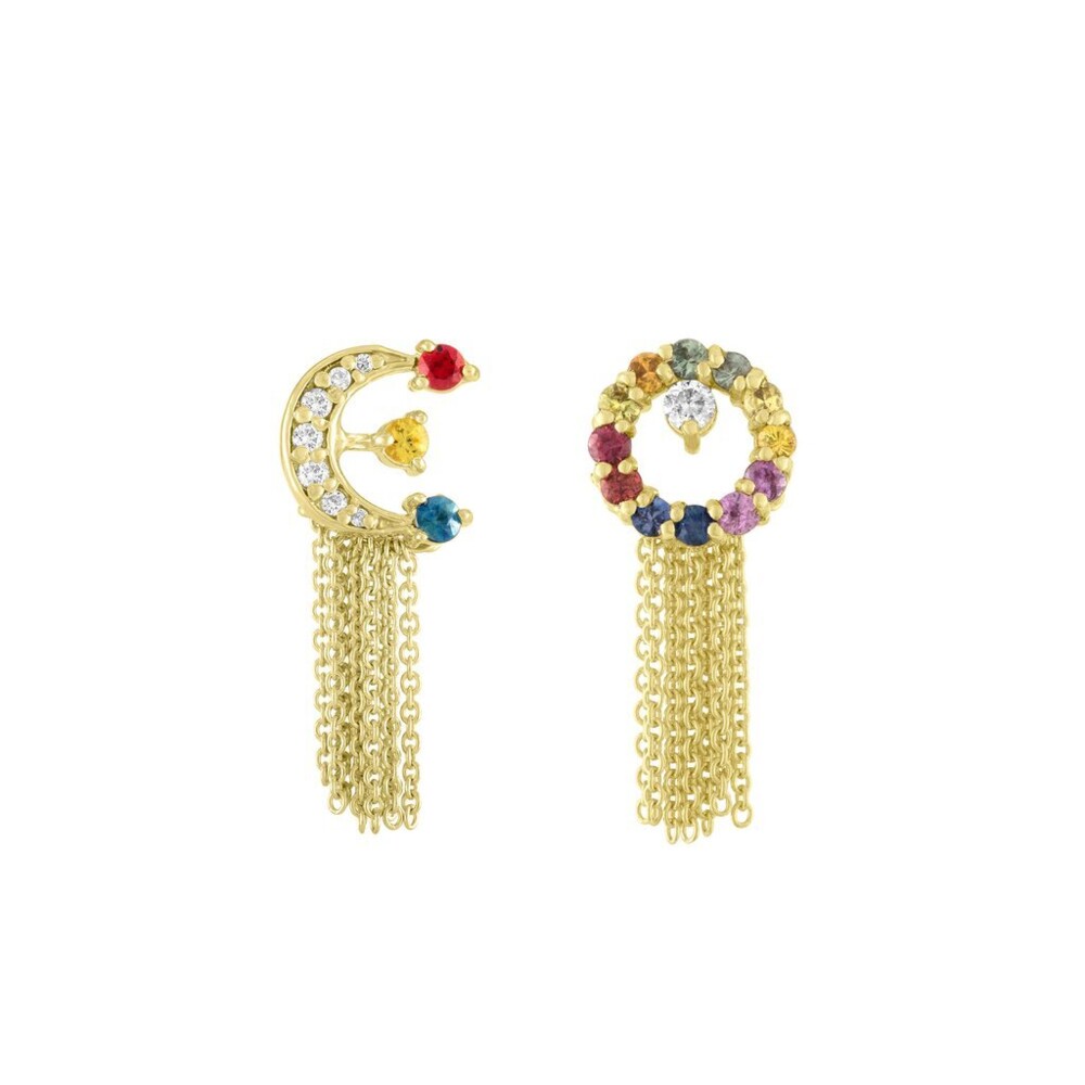 <div>These unique asymmetrical Full Moon and Crescent Tassels Studs add to any look. The tassels below the the studs add more flair and make the earrings pop out making them perfect for a night out or an everyday statement look. The different colored stones add a perfect pop of color and variety in every look. The different earrings make your look unique and beautiful. </div>Full Moon & Crescent Tassel Studs 14k Yellow Gold; 0.73cttw Colored Stones; 0.15cttw Diamonds Full Moon & Crescent Tassel Studs