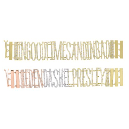 Mantra Diamond Bracelet (Archive) 14k Gold; Diamond Weights Vary; Letters 2.5cm Tall; Stock Size 6” -
Max 20 Letters; Size 6.5" - Max 23 Letters; Size 7" - Max 25 Letters Large Diamond Mantra Bracelet "In Good Times And In Bad" *Customizable