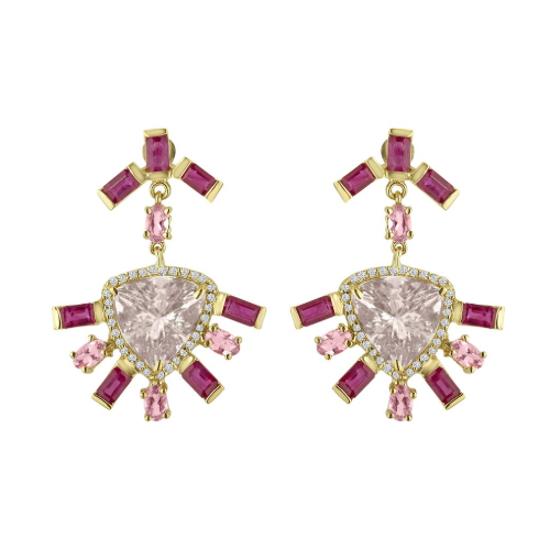 Morganite Drop Earrings (OOAK) 14K Yellow Gold; Morganite 9.47cttw; Ruby 5cttw; Pink Tourmaline
1.86cttw; Diamond 0.50cttw Morganite Ruby Tourmaline Earrings