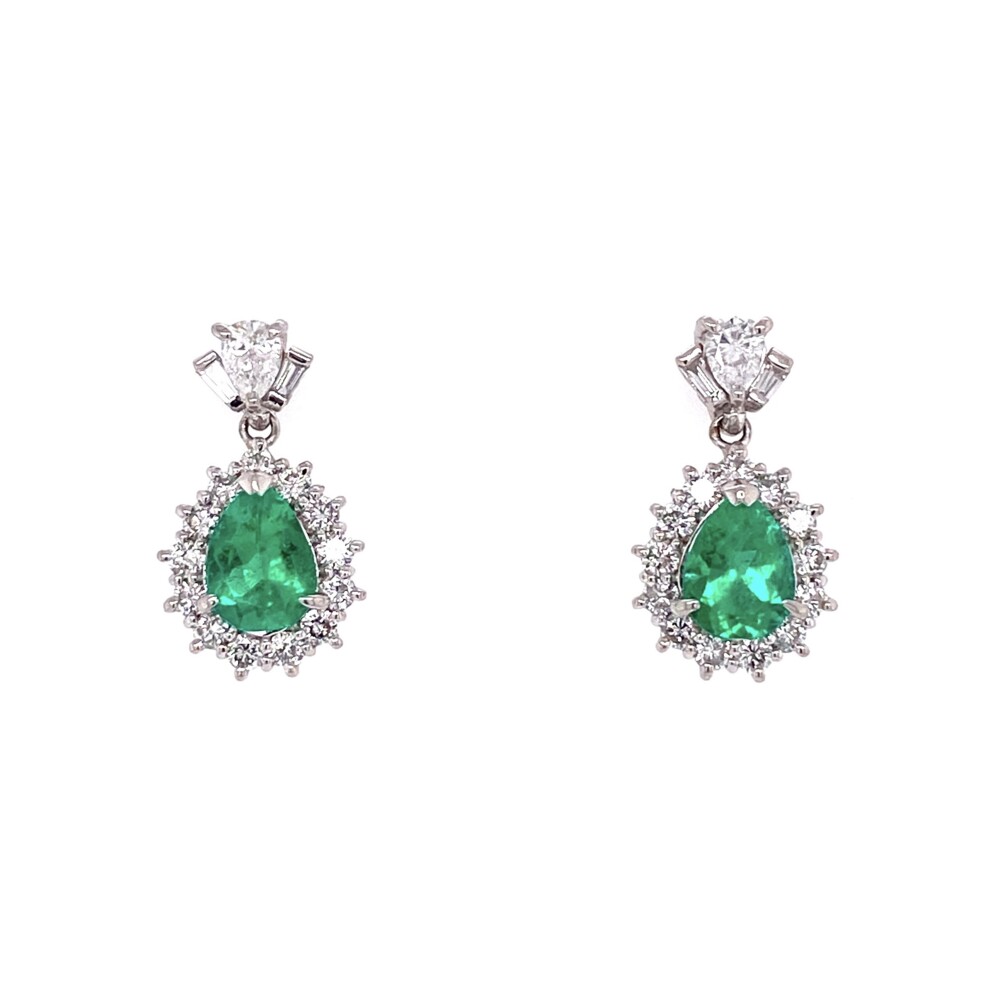 Platinum Pear Emerald & Diamond Drop Earrings 5.8g, 0.75" Tall Platinum Pear Emerald & Diamond Drop Earrings 5.8g, 0.75" Tall