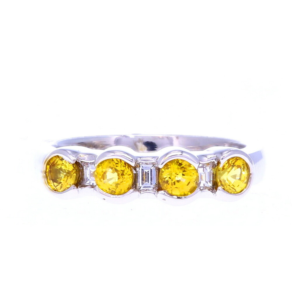 Platinum 5.90g
3 DIA: 0.25tcw
4 Yellow Sapphire: 0.91tcw Platinum Yellow Sapphire & Diamond Stack Band