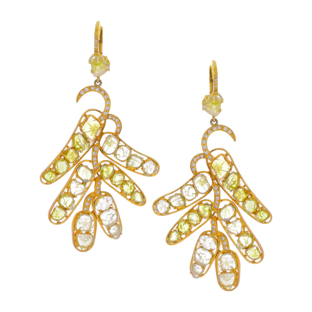 18k Yellow Gold, Yellow Diamond Slice with White Diamond Accents Earrings, 10.59tcw of Diamond Yellow Diamond Slice Chandelier Earrings