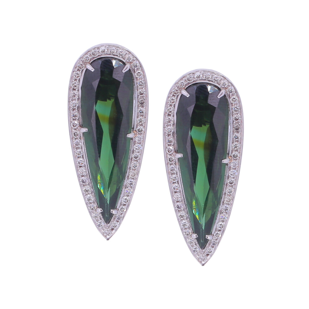 18k White Gold, Dark Green Tourmaline Spike Earrings with White Diamond Surround. Green Tourmaline Spike Earrings with Diamond Halo