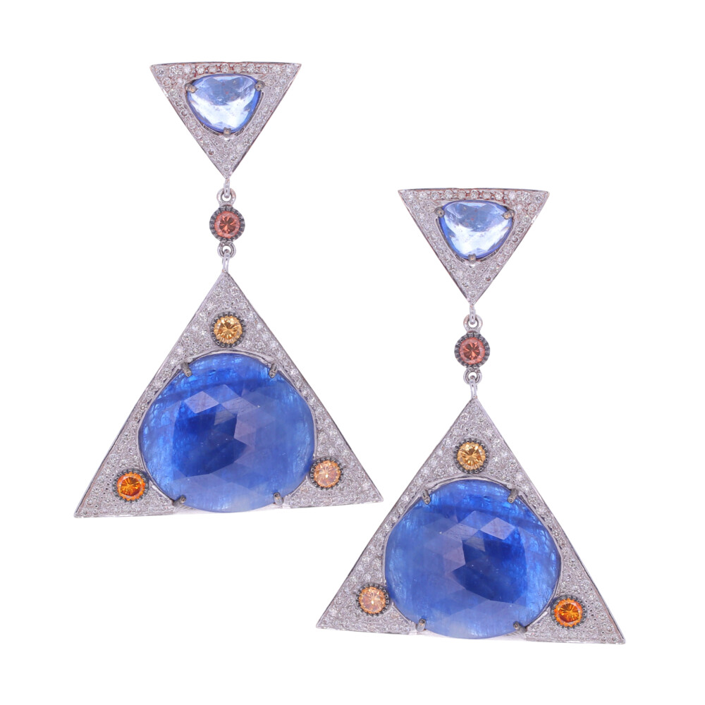 18k White Gold Set Rose Cut Sapphire One-Of-A-Kind Geometric Earrings with Fancy Color Diamond Accents Rose Cut Sapphire & Fancy Diamond Geometric Earrings