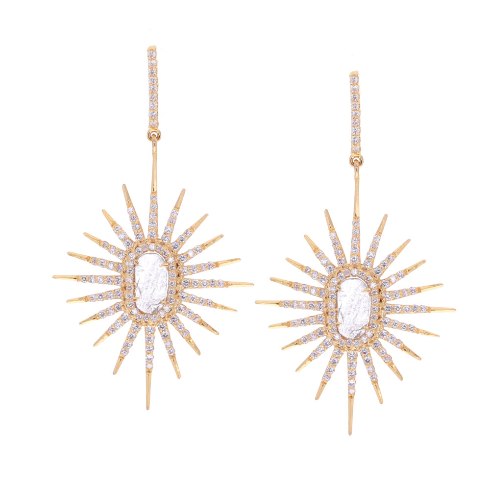 18k Yellow Gold Starburst Earrings with Gray Diamond Slice Center and White Diamond Surround Gray Diamond Slice with White Diamond Starburst