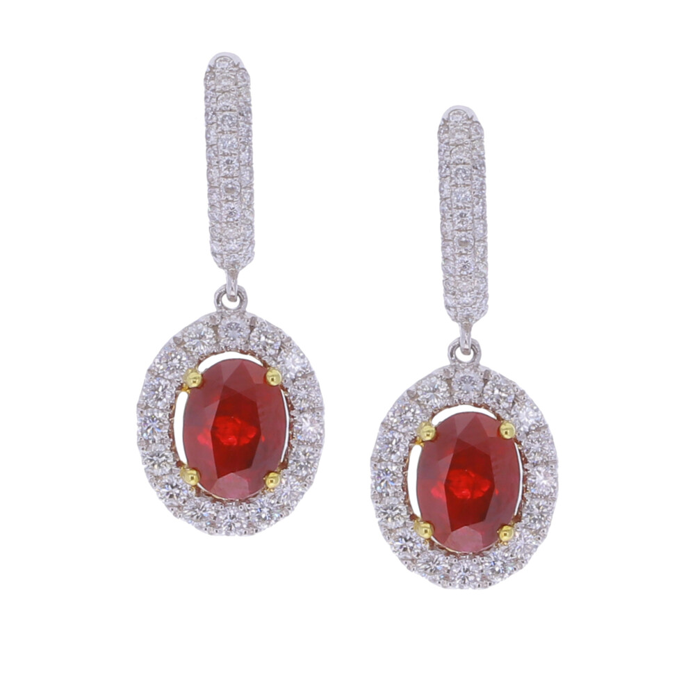 <div>18k White Gold, Diamond & Burma Ruby Earringss. 4.08cts of Burma Ruby, Certified by C. Dunaigre of Switzerland, set in an 18k Yellow Gold surrounded by 1.23cts of Diamond.</div> 18k Burma Ruby Earrings