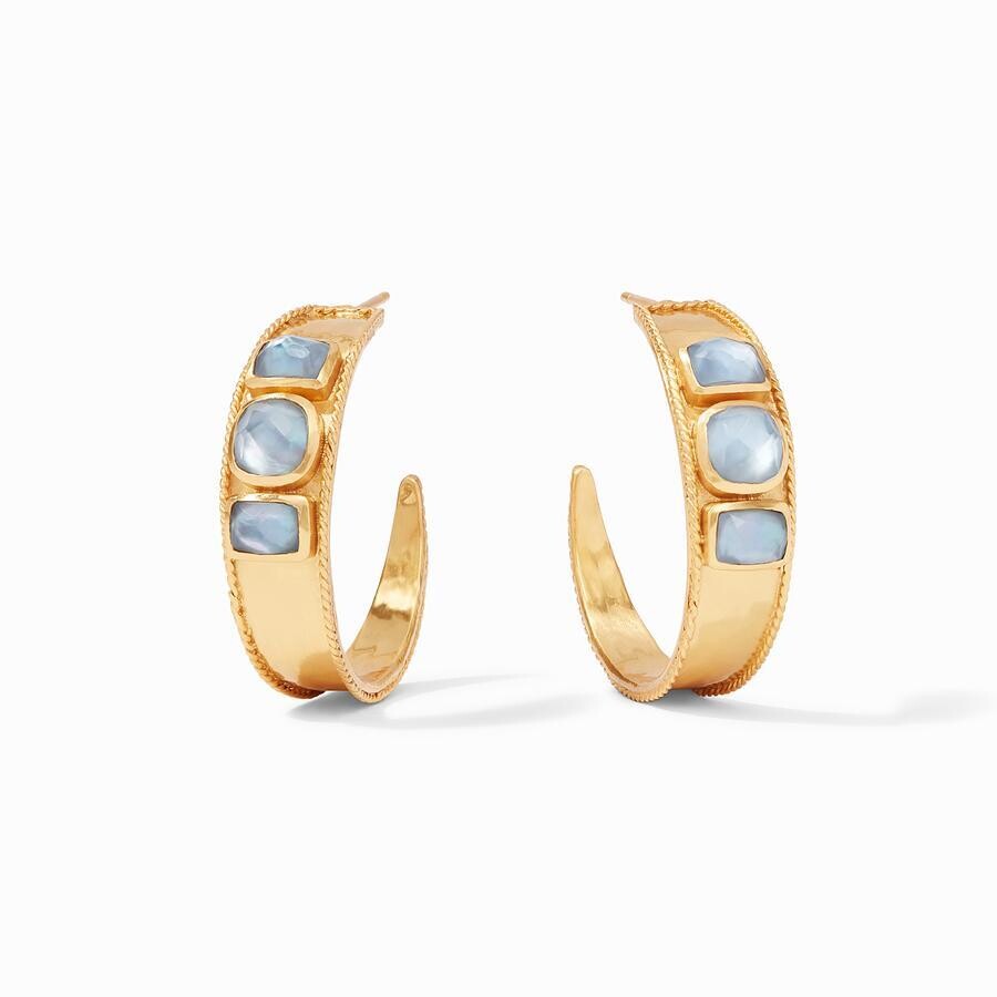 <div style="position: initial; margin: initial; font-family: Lanae;">Three rose cut gemstones on a lightly hammered hoop finished with twisted wire detail.</div><div style="position: initial; margin: initial; font-family: Lanae;"><br></div><div style="position: initial; margin: initial; font-family: Lanae;"><ul><li>24K gold plate</li><li>1.25 inch length </li><li>Imported glass mother of pearl</li><li>Julie Vos hallmark</li></ul></div> Savoy Statement Hoop