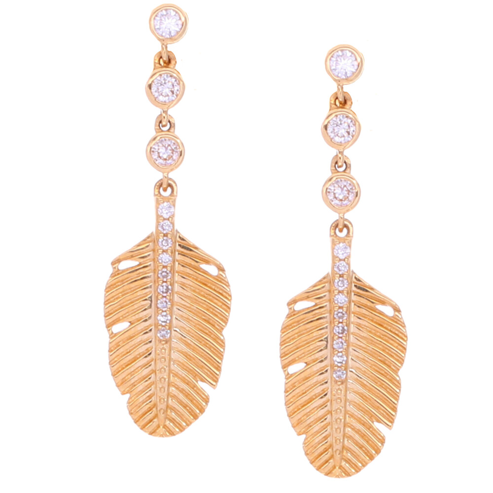 14k Yellow Gold Feathers Dangling from three bezel set diamonds Feather Dangle Earrings