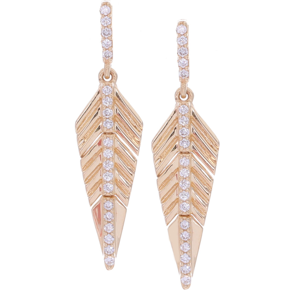14k Yellow Gold Feather Earrings with 0.22tcw of Diamond Small Feather Earrings