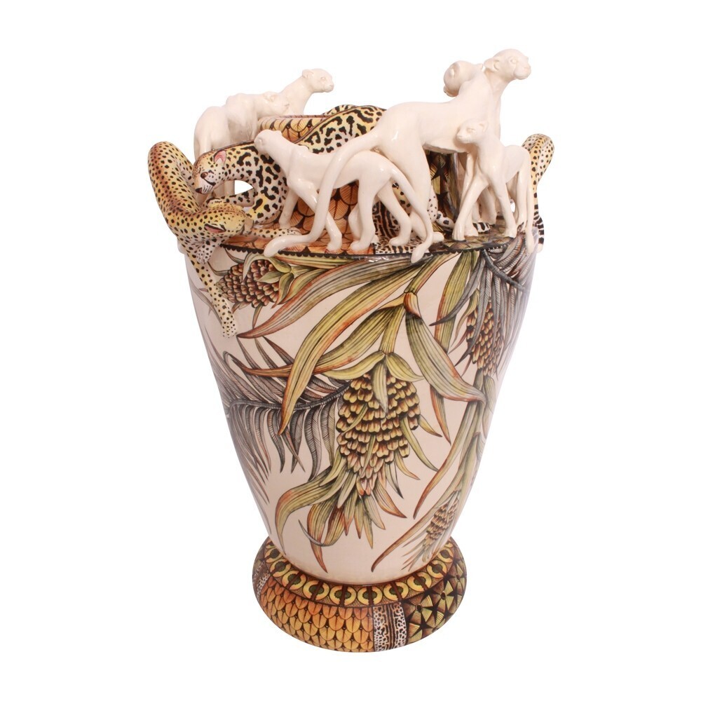 <div style="position: initial; margin: initial;">Dimensions: H. 23 in. x W. 12.5 in. x L. 12.5 in.</div><div style="position: initial; margin: initial;">Sculptor: Thabiso Mohlakoana</div><div style="position: initial; margin: initial;">Painter: Mandla-Enkosi Ngwenya</div> Cheetah &Amp; King Cheetah Vase