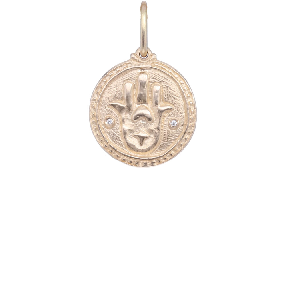 Solid 14k Charm featuring the Hamsa on the front and the Evil Eye on the reverse, with 0.014ct of Diamond. 14k Hamsa & Evil Eye Charm Pendant