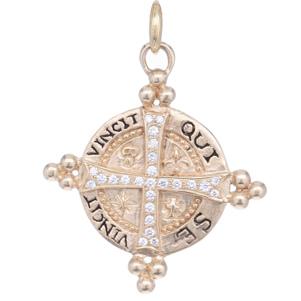 <span style="color: rgb(0, 0, 0); font-size: medium; position: initial; margin: initial;"> 14k Gold Cross with 0.48cts of Diamond and reads "He Conquers Who Conquers Himself " and on the reverse "Strength Through Loyalty"</span> 14k Cross Pendant