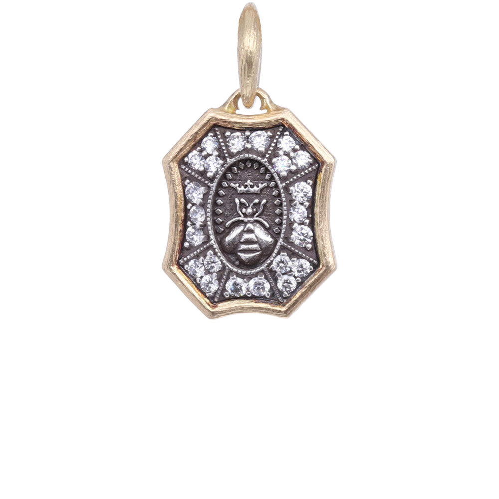 18k and Sterling Silver Queen Bee Shield Pendant with 0.40ct of White Diamonds, on the reverse reads " "I Love My Life" 18k Tiny Queen Bee Shield Charm Pendant