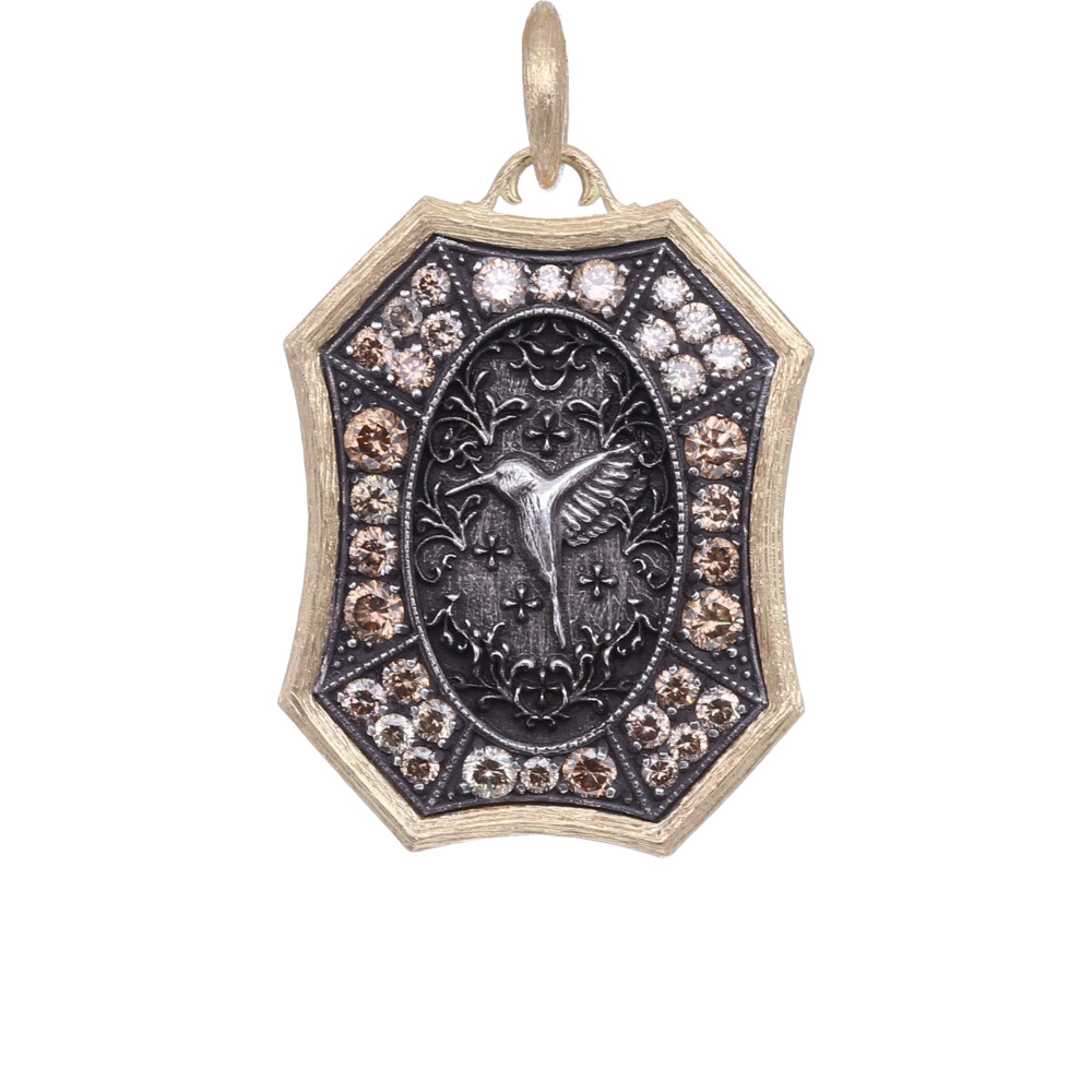 <span style="color: rgb(0, 0, 0); font-size: medium; position: initial; margin: initial;">1.46 cts Champagne diamonds ss/ 18k Large Floral Hummingbird "She flies with her own wings"</span> 18k Hummingbird Shield Pendent