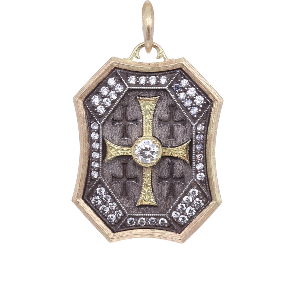 <span style="color: rgb(0, 0, 0); font-size: medium; position: initial; margin: initial;">.93cts White diamonds ss/ 18k Large Pave Engraved diamond 18k cross charm "Let the beauty of what you are, be what you do" - RUMI</span> 18k Large Cross Shield Pendant