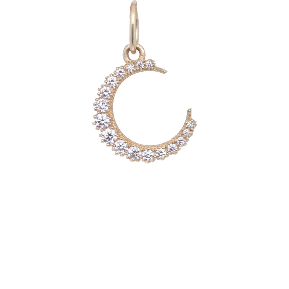<div style="position: initial; margin: initial;">18K Crescent Moon Charm with 0.37tcw of White Diamonds, the reverse reads in Italian "Dolce Vida" which translates to "Sweet Life" </div><div style="position: initial; margin: initial;"><br></div> 18k Diamond Crescent Moon Charm Pendant