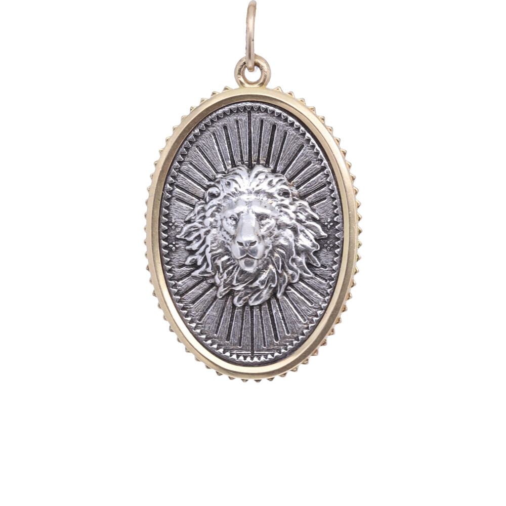<div style="position: initial; margin: initial;">18k & Darkened Sterling Silver Large Oval Lion Pendant, the reverse translates too <span style="font-family: inherit; font-size: 1.2rem;">"The past, present & future are all truly one. They are today" - By Harriet Beecher Stowe</span></div><div style="position: initial; margin: initial;"><br></div> 18k Large Lion Charm Pendant