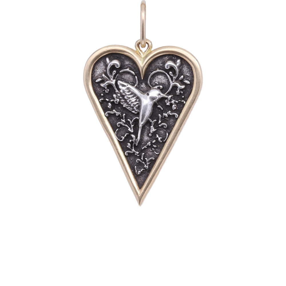 18k Small Heart Hummingbird Charm Pendant