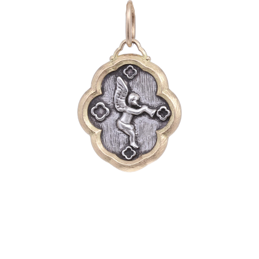<div style="position: initial; margin: initial;">18k & Blackened Sterling Silver Small Trumpeting Angel, the reverse reads in Italian "<span style="font-family: inherit; font-size: 1.2rem;">La Dolce Vita" which translates too "The Sweet Life"</span></div> 18k Small Trumpeting Angel Charm Pendant